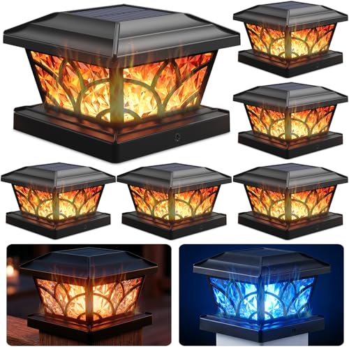 Solar Post Cap Lights - Flickering Flame, 4 Modes, 6 Pack (Black)
