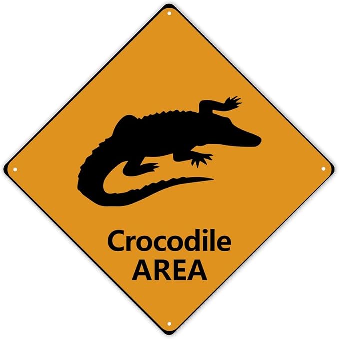 Warning Crocodile Area Aluminum Metal Sign Ocean Animal Caution Crossing Xing Street Sign Yellow Diamond Shape Funny Metal Sign For Indoor Outdoor 10x10in