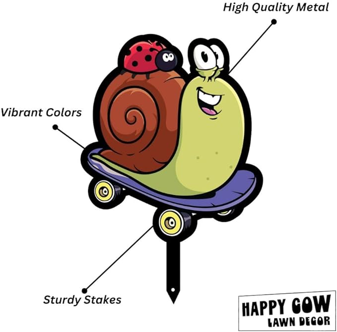 Garden Outdoor Small Metal Art 7"x 6" Weather Resistant Lawn Ornaments Sturdy Stakes Yard Sign Decoration for Patio (Skateboarding Snail)