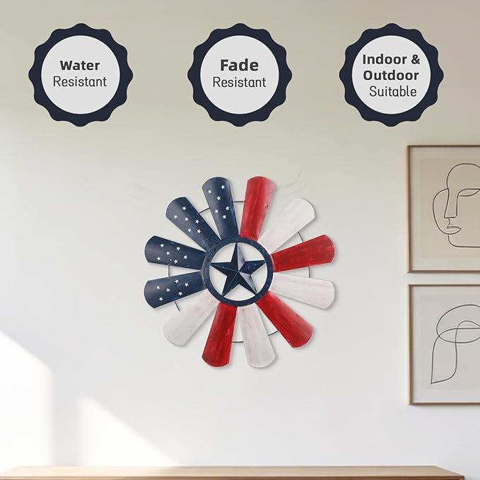 JJALIGHTS 23" Windmill Wall Decor, Patriotic American Flag Metal Wall Art with Texas Star, 4th of July Indoor Outdoor Decorations for Farmhouse Porch Garden Patio Fence Home