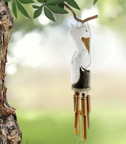 Pelican Windchime - Hand Carved Wood and Bamboo - Coastal Nautical Patio Décor Outdoor Wind Chime