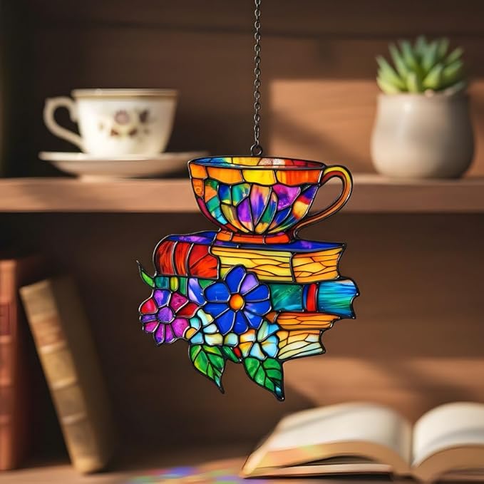 Books Teacup Handmade Artisan Resin Sun Catcher, Book Suncatchers for Window Hanging, Bookish Gifts for Readers Book Lovers Bookworm, Gift for Mother's Day, Women, Mom, Wife, Grandma