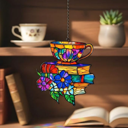 Books Teacup Handmade Artisan Resin Sun Catcher, Book Suncatchers for Window Hanging, Bookish Gifts for Readers Book Lovers Bookworm, Gift for Mother's Day, Women, Mom, Wife, Grandma