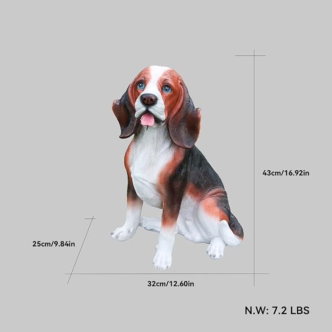Tricolor Beagle Country-Garden Accent with Solar Lantern and Reversible Sign, Sitting Beagle Statue for Gateways, Flower Borders & Courtyard
