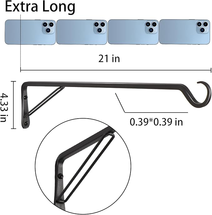 AILIN YELOKIE 2 Pack Extra Long 21 Inch Heavy-Duty Rust-Resistant Solid Steel Plant Hangers and Bird Feeder Hangers for Indoor and Outdoor Decor, Wall Hooks