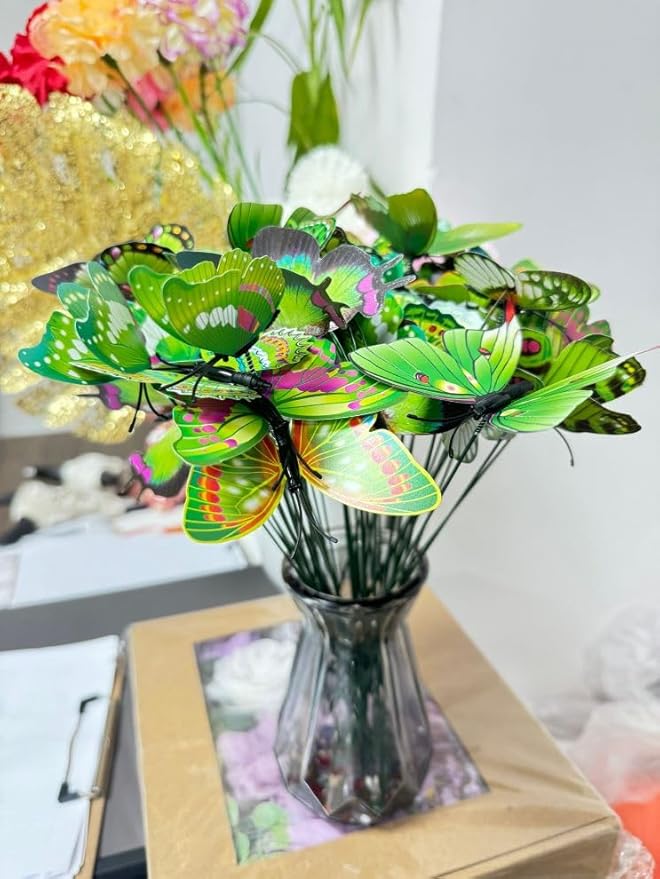 Rikyo 3D Butterfly Garden Stake Decor,10" PVC Butterfly Garden Decor for Outside,Shaking Head Artificial Butterflies for Cake Bouquet Wall Lawn Pathway Plant Pot Flower Bed Yard Decor (50, Green)