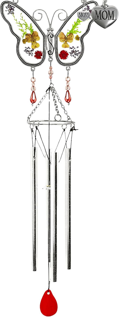 Mom Butterfly Wind Chime with Pressed Flowers - Floral Hanging Wind Chimes for Mom - Mother's Day, Birthday for Mother - Decorative Garden or Window Gift - 20 Inch Long
