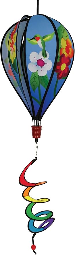 In the Breeze Hummingbird Flowers 6-Panel Kinetic Hot Air Balloon Wind Spinner,11" W x 17" H, 26" Tail,1047