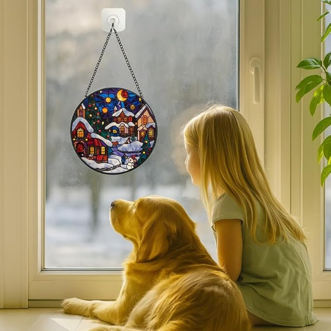 Stained Glass Window Hanging - Christmas Snowy Village at Night Sun Catchers Panel for Indoor Decorative Display for Mom, Wife, Lovers, Festive