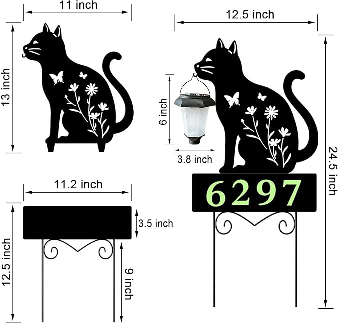 Solar Cat Garden Stakes Cat Holding Solar Lantern Decor Stakes Animal Yard Decorative Stakes Yard Sign -Number