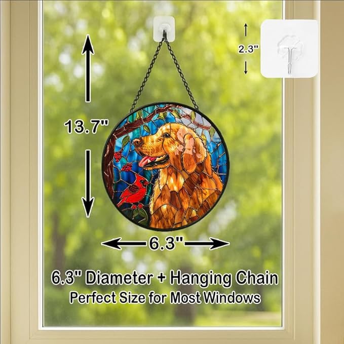 Stained Glass Window Hanging - Golden Retriever & Cardinal Bird 6.3in Sun Catchers Indoor Stained Glass Panels Wall Decor for Mom, Wife, Lovers, Festive