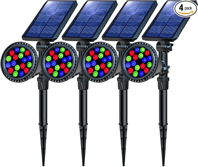 Solar Spot Lights Outdoor, 9 Color Modes, 18 LED Spotlight, 600LM Landscape Lights, Solar Powered for Garden, Yard, Driveway, Tree, Christmas, Halloween Decor (4 Pack)