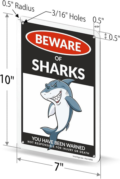 SmartSign Funny Beware Of Sharks Warning Sign - 10"x7", 40 mil Laminated Rust-free Aluminum - Metal Signs for Boys Room Wall Decor, Outdoors, Patio, Gifts, Cafe - Sharks Theme, Made in USA