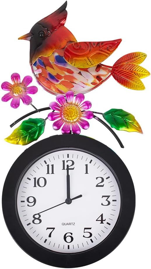 Outdoor Clock with Cardinal and Flowers, Cardinal Birds Outdoor Wall Clock Waterproof, Silent No-Ticking Outdoor Clocks for Garden, Fence, Patio, Living Room