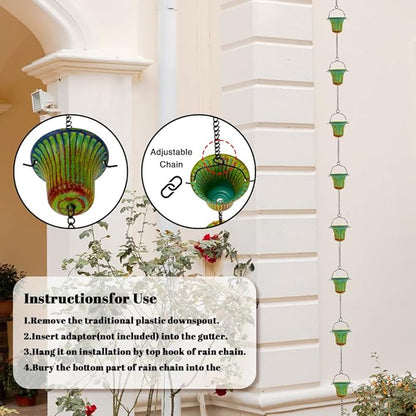 10ft Rain Chains for Outside, 12-Cup Rain Chain Replacement Downspout for Gutters,Eaves, Drainage, Adjustable Length(Green & Yellow)