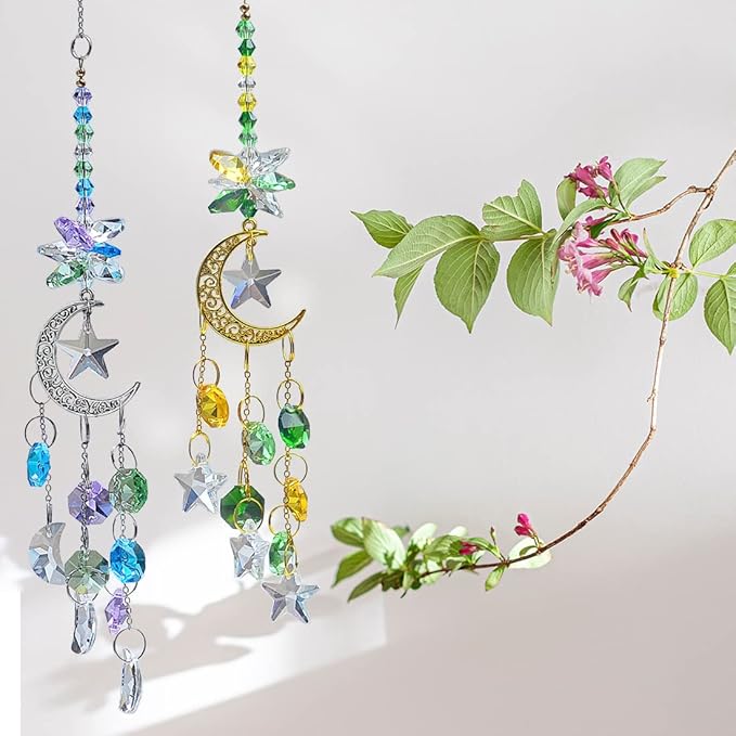 Hanging Crystal Suncatchers Window Prism 3 Pcs/3 Colors Moon and Star Prism SunCatcher Rainbow Maker Car Charm Mirror Accessories Mom Grandma Gifts KEINIA