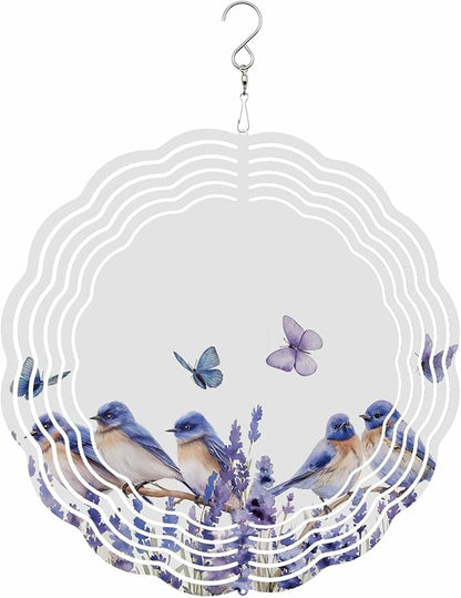 Stainless Steel Wind Spinner for Yard Garden Decoration, Blue Purple Bird Flower Floral Butterfly Round Wind Sculpture Spinner 3D Crafts Hanging Ornaments for Indoor Outdoor, 8 Inch