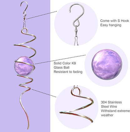 Gazing Ball Spiral Tail with Purple Glass Orb, Wind Spinners Stabilizer, Stainless Steel Wind Spinner Tail, Outdoor Décor, Hanging Garden Sculptures Decoration Ornament 13inch Height