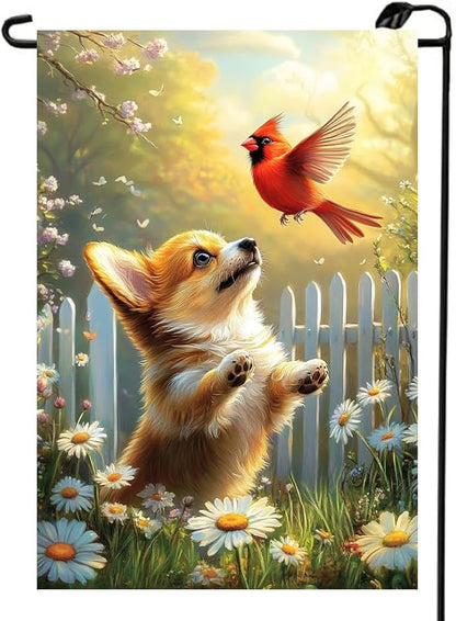 Spring Summer Garden Flags 12x18 Double Sided, Small Burlap Seasonal Cardinal Floral Corgi Dog Garden Flag Spring Summer Outdoor Yard Decorations for Outside Lawn Decor
