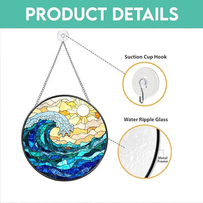 Stained Glass Window Hanging Sun Catcher 7.8 in, Ocean Wave Glass Panel Suncatcher for Indoor Window Decor, Coastal Home Beach Decor Gift for Women, Men, Wife, and Mom