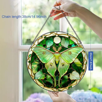 Stained Glass Window Hanging, Luna Moth Butterfly Suncatcher for Window Doors Garden Home Decoration, Green Glass Panel Ornaments for Women,Men,Wife, Lovers, and Mom 7.8×7.8 in