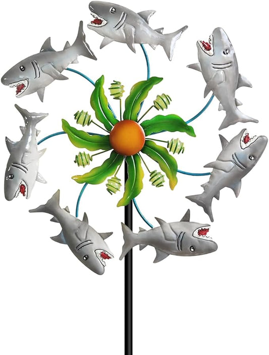 Shark Outdoor Wind Spinners - 39" Ocean-Themed Metal Wind Sculptures Garden Stake Art, 13.5” Windmill Yard Kinetic, Outdoor Decor for Patio & Lawn - Metal Beach Sculpture with Shark Design