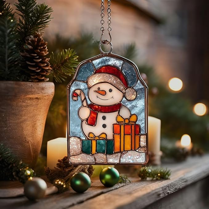 Cute Snowman Giving Presents Acrylic Suncatcher Stained Glass Effect Window Car Hanging Christmas Ornament Indoor Outdoor Decor Garden Sun Catcher Panel for Women Mom Grandma