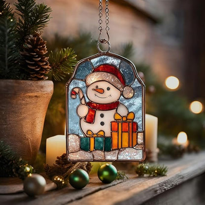 Cute Snowman Giving Presents Acrylic Suncatcher Stained Glass Effect Window Car Hanging Christmas Ornament Indoor Outdoor Decor Garden Sun Catcher Panel for Women Mom Grandma