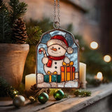 Cute Snowman Giving Presents Acrylic Suncatcher Stained Glass Effect Window Car Hanging Christmas Ornament Indoor Outdoor Decor Garden Sun Catcher Panel for Women Mom Grandma