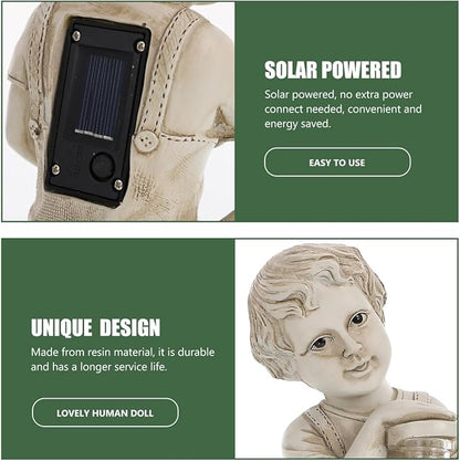 Yardwe Solar Lamp Sculpture Outdoor Garden Figurine Boy Statue Decor Solar Powered Landscape Lighting 3.5X3.5X7.2 Inches Weatherproof Lantern for Yard Patio