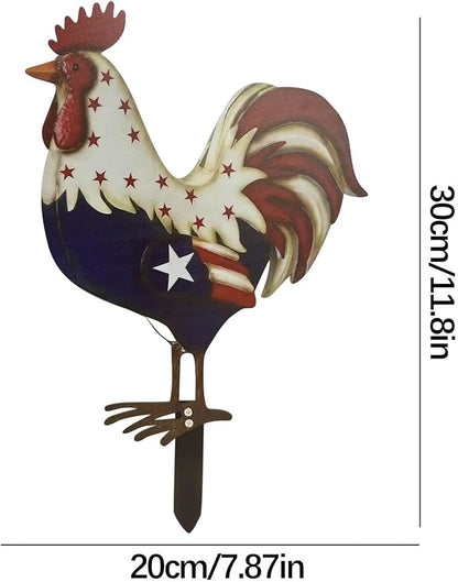 2PCS Patriotic Metal Rooster Yard Decor 12in 4th of July Chicken Garden Statues with Stake Outdoor Art Decorations Red White and Blue American Flag Iron Rooster Sign for Lawn Backyard Home Decor