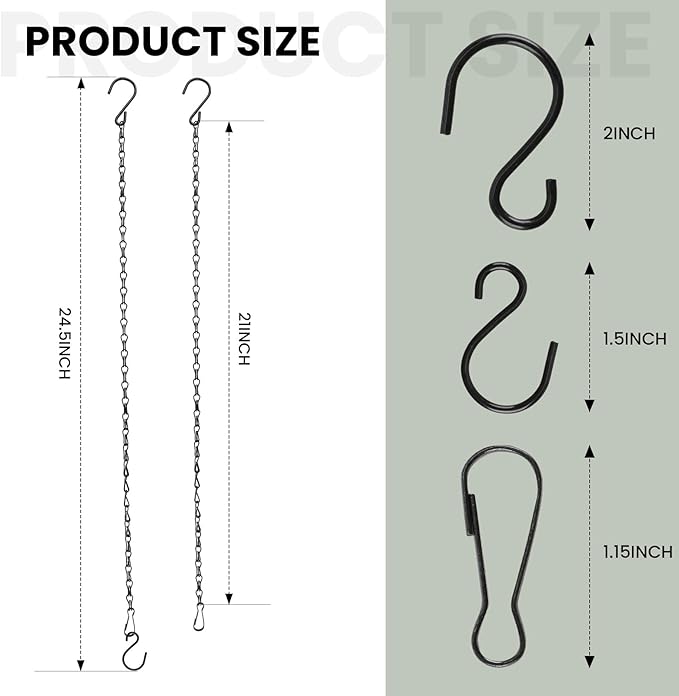Black Chain for Hanging Plants, 6 PCS Small Chain for Hanging Basket, 24.5IN Hanging Chains with Hooks, Adjustable Plant Chain, Decorative Metal Hanging Basket Chain for Planter, Bird Feeder, Sign