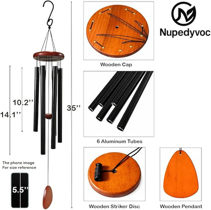 35” Large Black Aluminum Wind Chimes with Brown Wooden Cap for Outside, Deep Tone Outdoor Garden Patio Weather Resistant Metal Decor, Ideal Gift for Birthday, Mother's Day, Ambiance, Relaxation