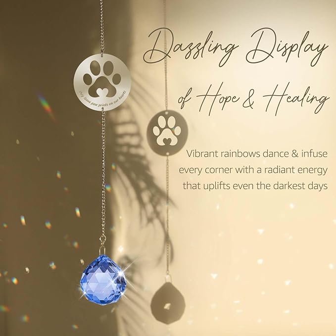 Mooncraftlogy Dog Memorial Gifts, Unique Loss of Pet Sympathy Idea, Navy Blue Crystal Ball Rainbow Suncatcher with Paw Print for Cat or Dog Remembrance and Bereavement