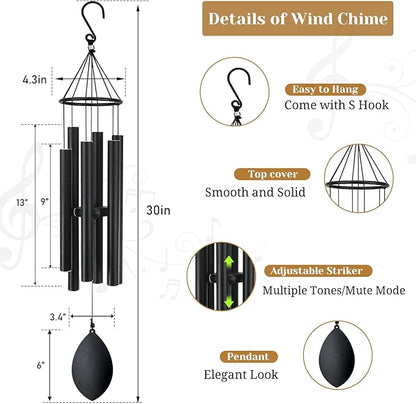 Wind Chimes for Outside Deep Tone, 30 Inch Wind Chimes Outdoor with 6 Tuned Aluminum Tubes, Memorial Wind Chimes for Mother's Day Christmas, Decor for Yard, Patio, Porch, Black