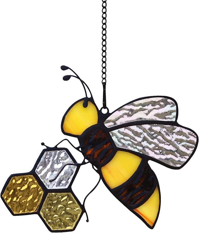 Bee On Honeycomb Stained Glass Window Hangings, Bees Suncatcher Garden Bee Decor Gift for Mom Women