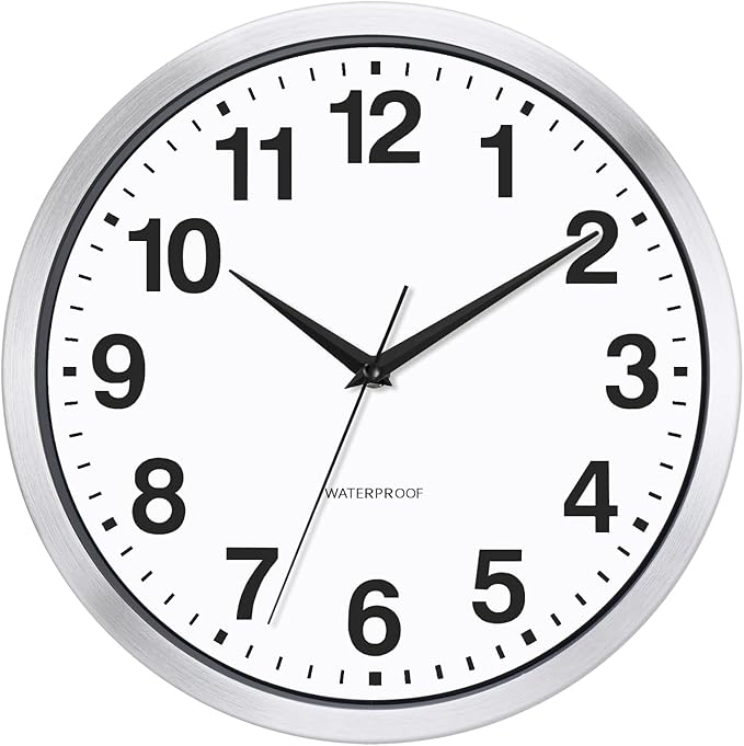Caysie 12 Inch Sealed Indoor Outdoor Clocks Waterproof, Silent Battery Operated Quartz Metal Wall Clock for Patio Pool Bathroom Home (Silver)