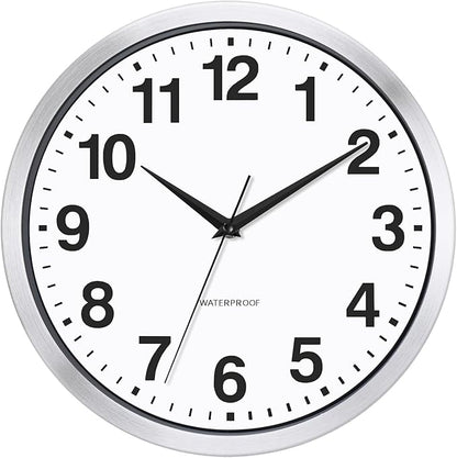 Caysie 12 Inch Sealed Indoor Outdoor Clocks Waterproof, Silent Battery Operated Quartz Metal Wall Clock for Patio Pool Bathroom Home (Silver)