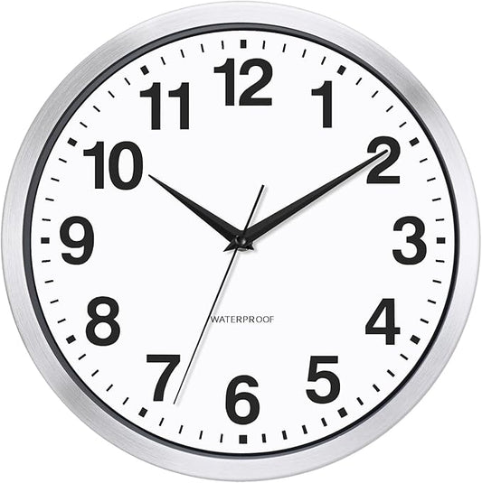 Caysie 12 Inch Sealed Indoor Outdoor Clocks Waterproof, Silent Battery Operated Quartz Metal Wall Clock for Patio Pool Bathroom Home (Silver)