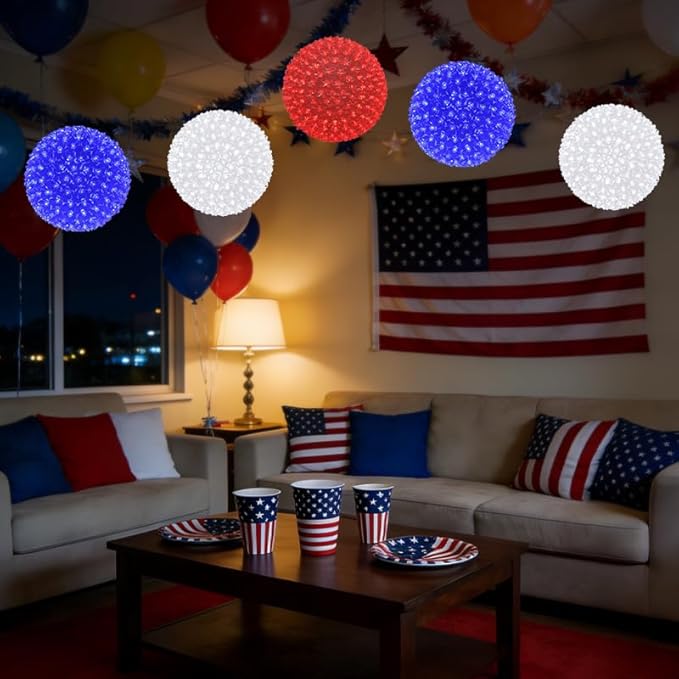 3PK 10in Patriotic Light Ball, 300LED Red White Blue Sphere Lights, Steady Hanging Globe Lights for 4th of July, Memorial Day, Independence Day & Veteran Day, Red White Blue Decor for Outdoor Home