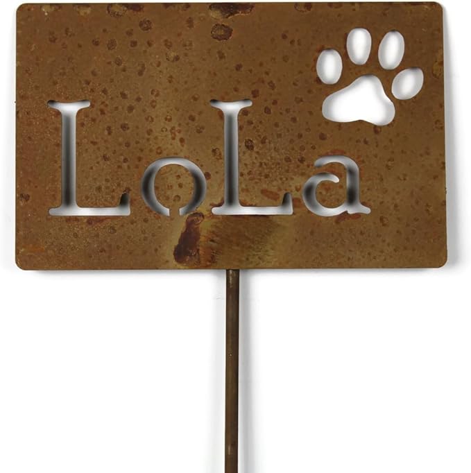 Classic Metal Garden Markers Clearance Items 20 to 33 Inches Tall (LoLa + paw print, Naturally Rusted)