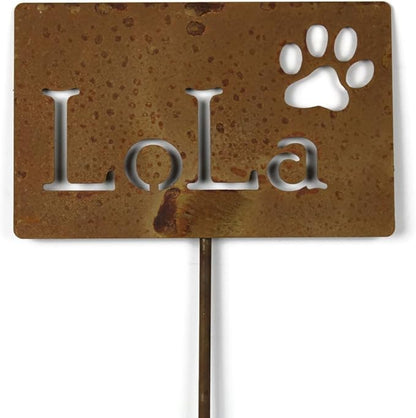 Classic Metal Garden Markers Clearance Items 20 to 33 Inches Tall (LoLa + paw print, Naturally Rusted)