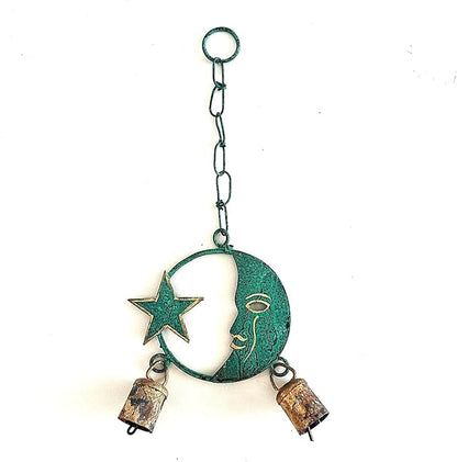 Metal Moon and Star Wind Chime, 13 Inch Celestial Garden Decor, Green Patina Finish with Rustic Copper Bells, Outdoor Hanging Accent