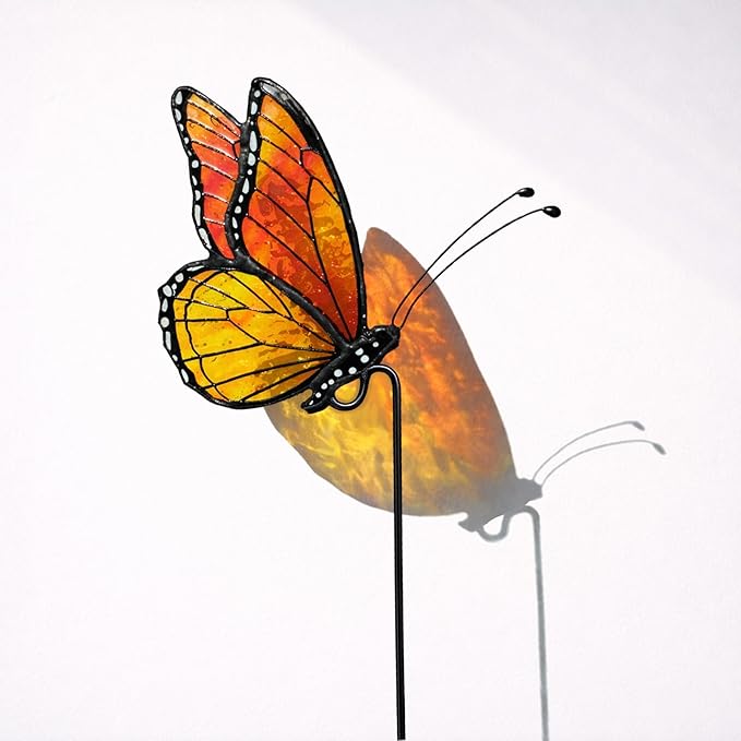 Monarch Butterfly Stained Glass Plant Pot Suncatcher - Handmade Real Glass Flower Pot Ornament for Planters - Indoor Outdoor Garden Décor - Gift for Women, Mom & Butterfly Lovers