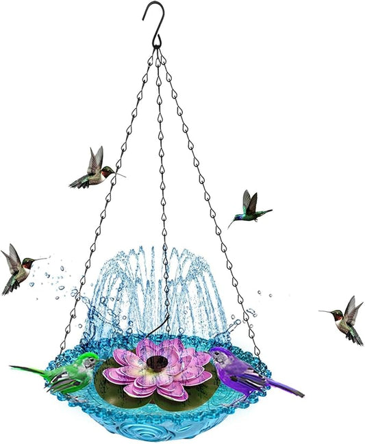 Hanging Bird Bath with Solar Fountain, Multi Functional Lotus Bird Bath Bubbler Birdbath Water Fountain Pump for Hummingbird Feeder Drinking