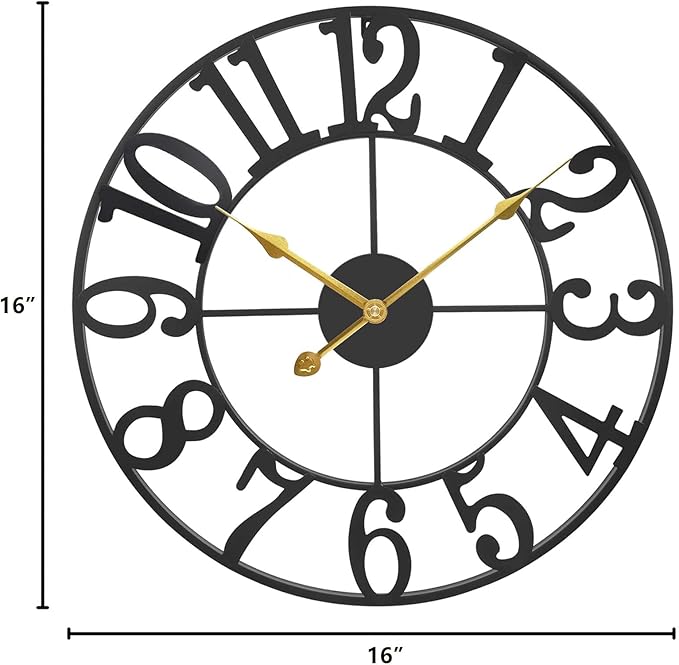 Large Outdoor Clock for Patio - Black Metal Art Arab Decorative Clock for Farmhouse, Kitchen, Porch, Pool Side, Deck, Modern Wall Clock Silent Battery Operated - 16 Inch