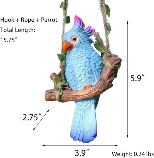 Hanging Parrot Garden Decor Tiki Bar Decorations Tropical Outdoor Hanging Bird Statue for Tree Plant Patio Lawn Yard Porch Balconies Decor(Blue)