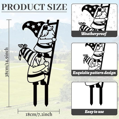 WADORN Funny Climbing Ladder Gnomes Metal Decorative Garden Stakes, Black Gnome Theme Outdoor Statues Silhouette Gnomes Lover Gifts Stakes Ornaments for Yard Art Garden Patio Backyard Lawn Decors