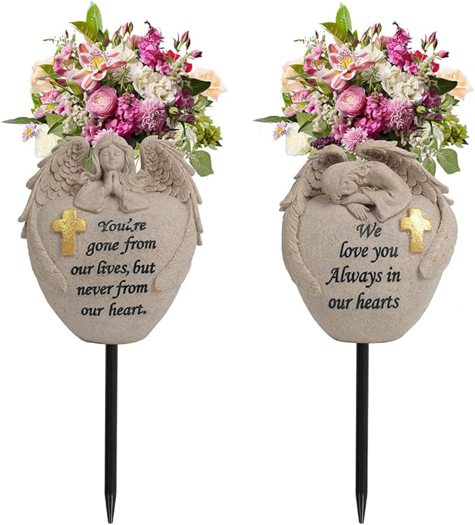Angel and Cross Cemetery Cemetery Memorial Vase, Cemetery Flower Grave,2-Piece Angel Cemetery vase with Iron Spikes,Garden Decoration， Memorial Gift for Lost Love (3 Granite)