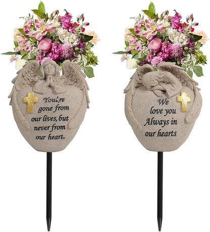 Angel and Cross Cemetery Cemetery Memorial Vase, Cemetery Flower Grave,2-Piece Angel Cemetery vase with Iron Spikes,Garden Decoration， Memorial Gift for Lost Love (3 Granite)